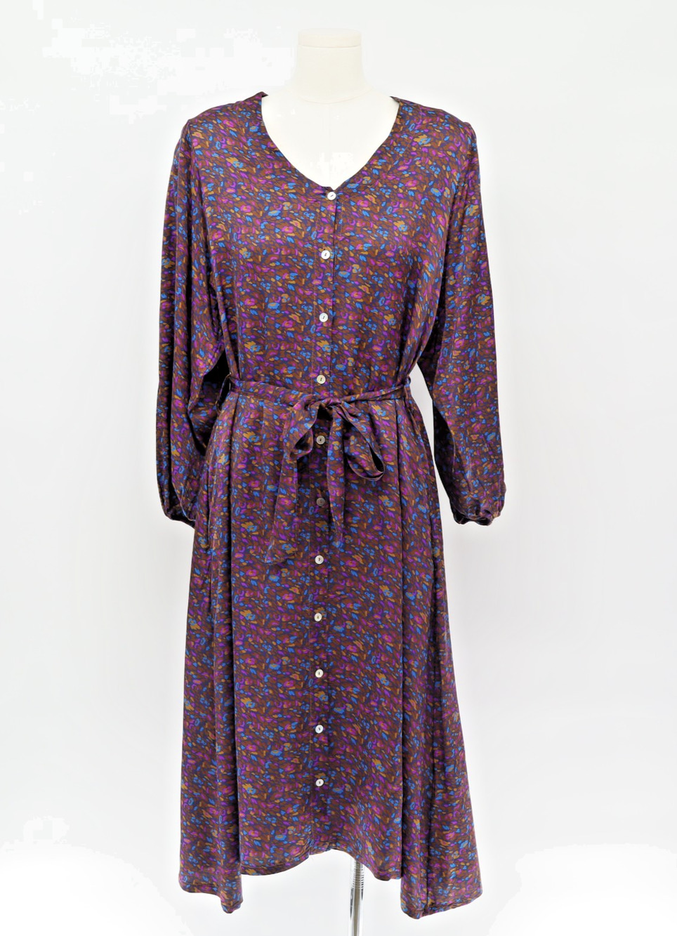 FRNCH Paris Viscose Midi Dress Sz XS Button Front Balloon Sleeve Deep Plum